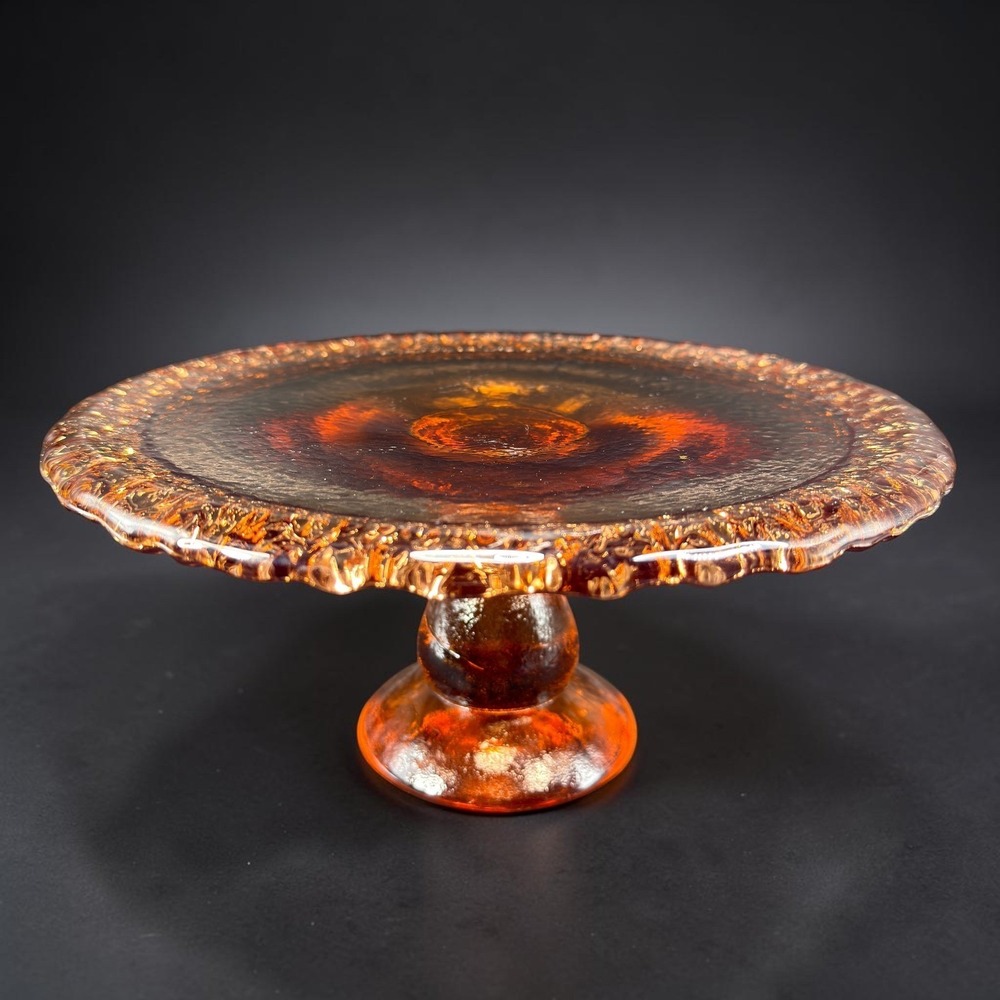 Fire & Light Handcrafted Amber Recycled Glass 10in Pedestal Cake Stand signed